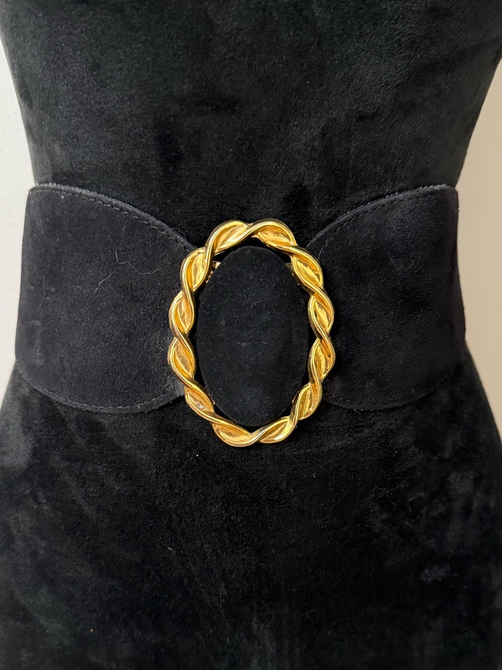 Vintage Nan Lewis Wide Black Stretch Belt Gold Tone Buckle S/M